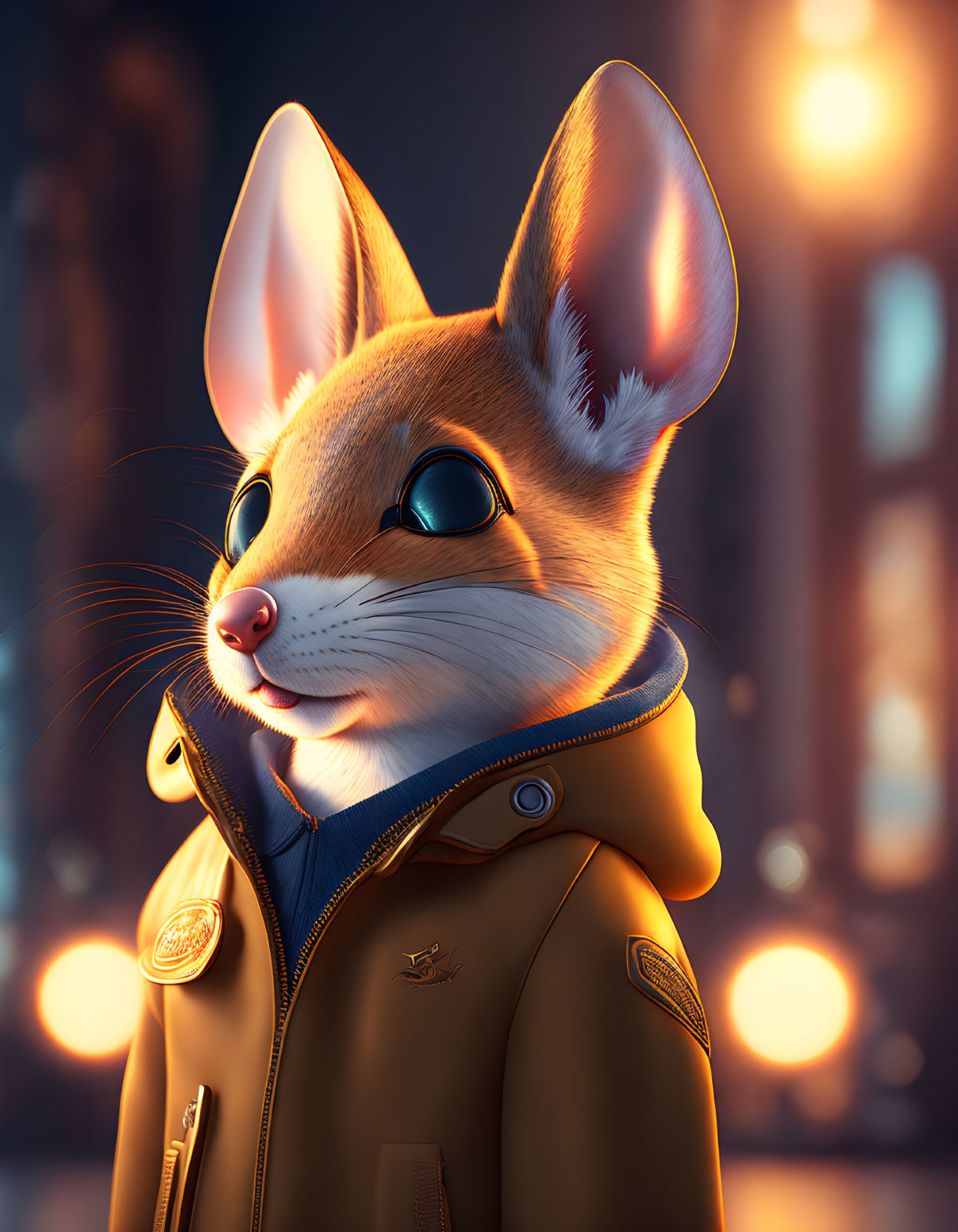 Stylish anthropomorphic fox in yellow jacket against city nightscape