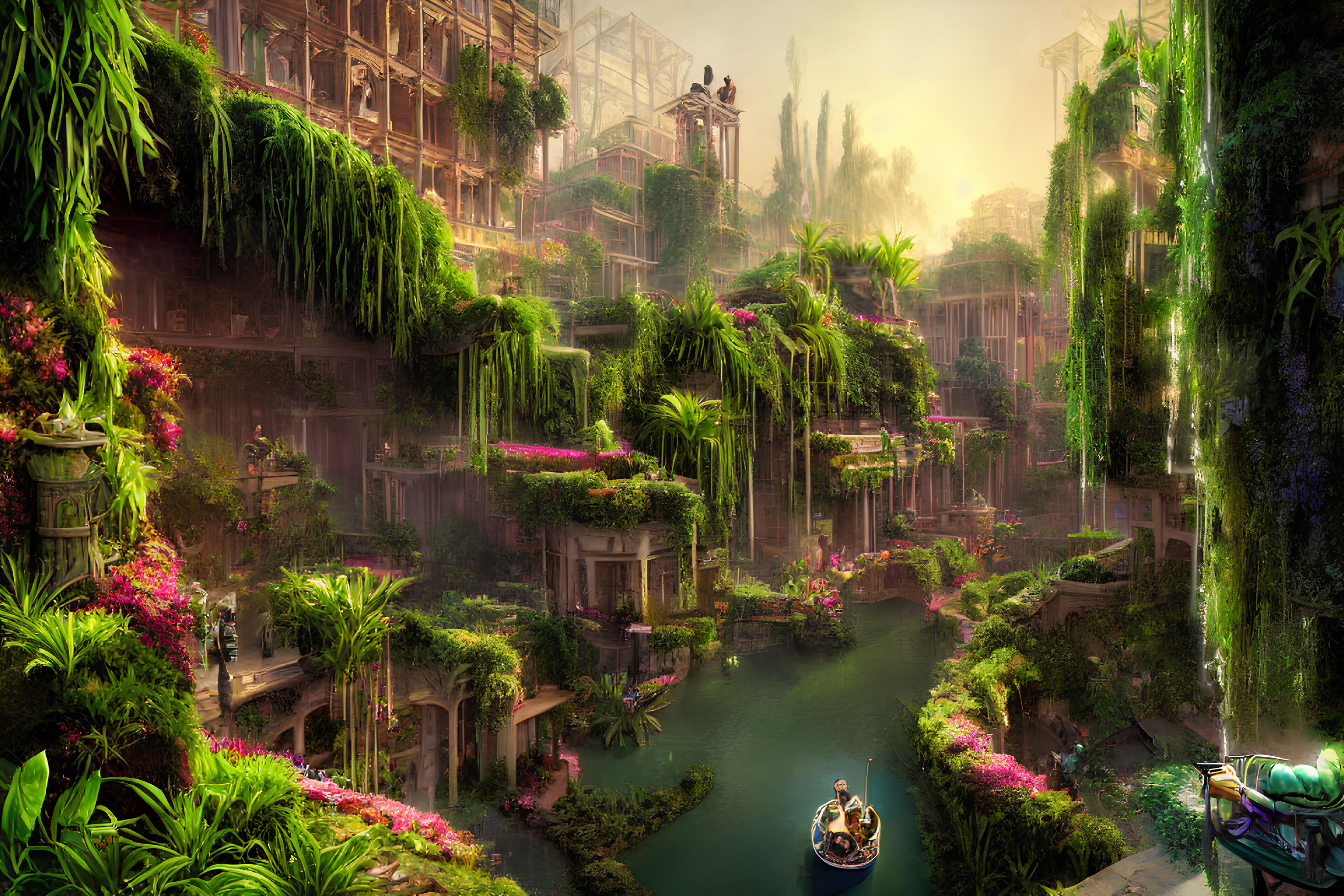 Ancient cityscape with lush greenery, river, suspended gardens, and greenhouses