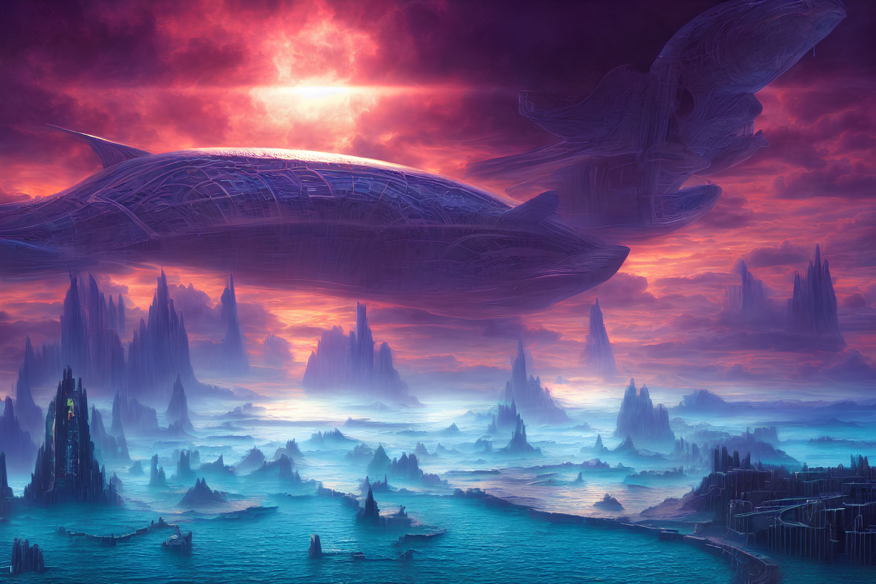 Futuristic alien landscape with towering spires and floating structures