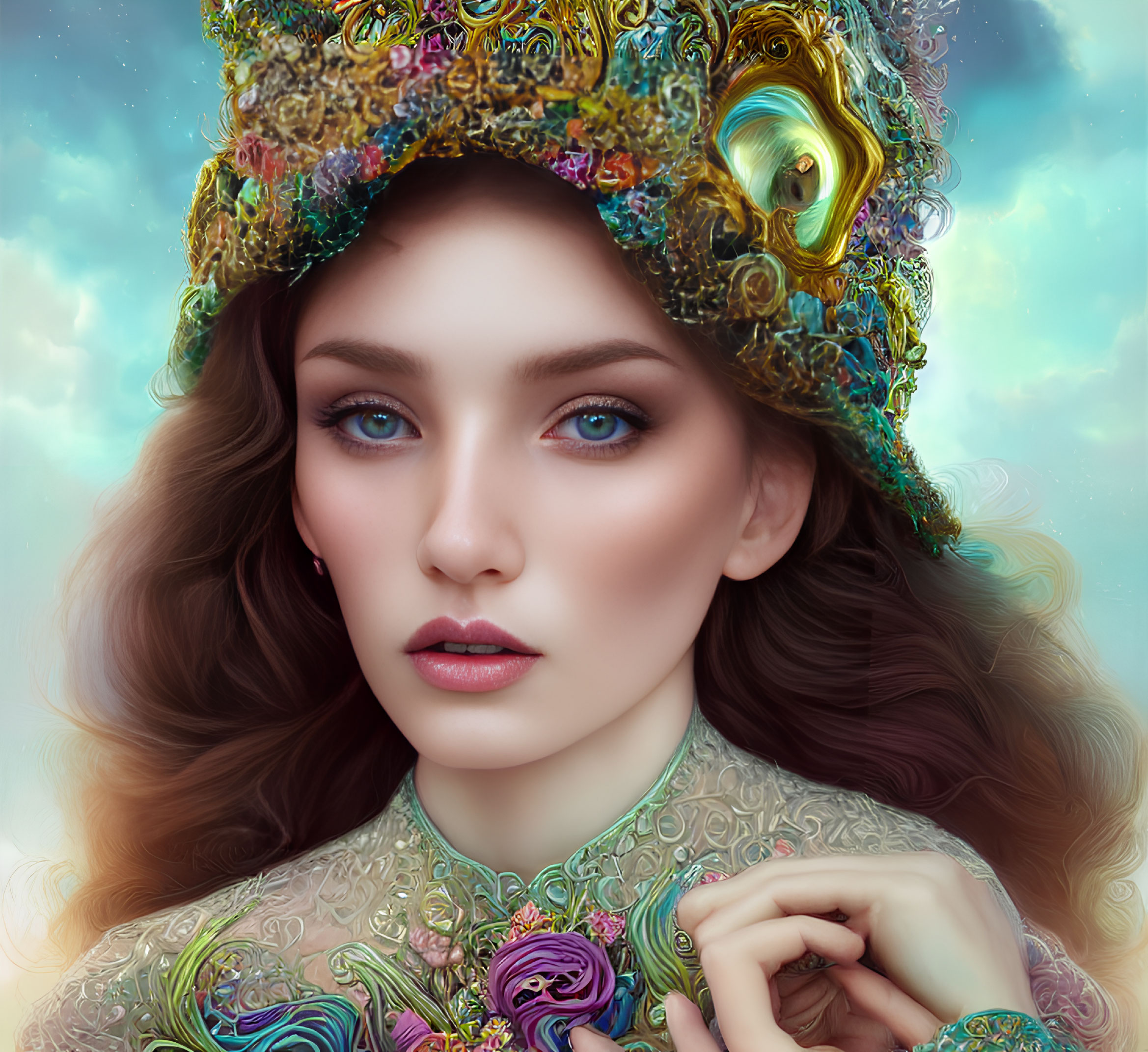 Colorful digital portrait of a woman in intricate attire blending realism and fantasy.