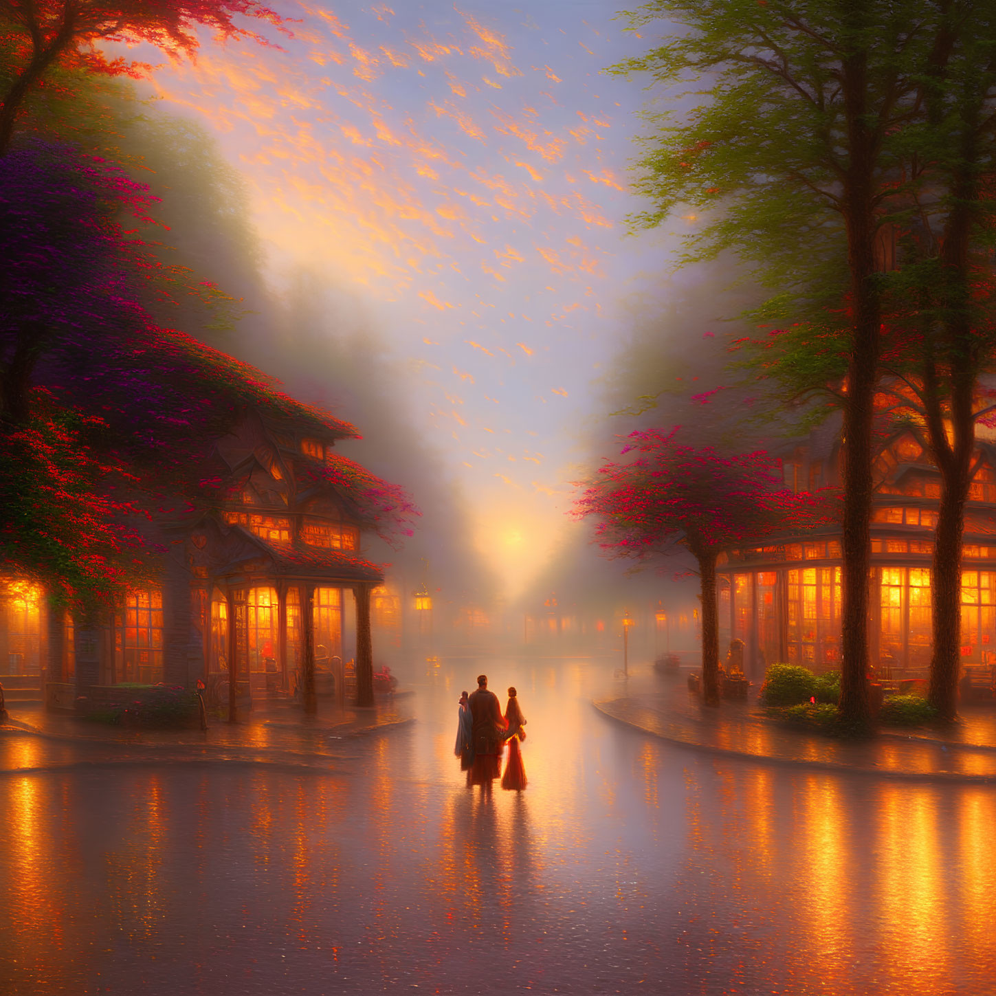 Couple walking on misty, lamp-lit street under colorful sky