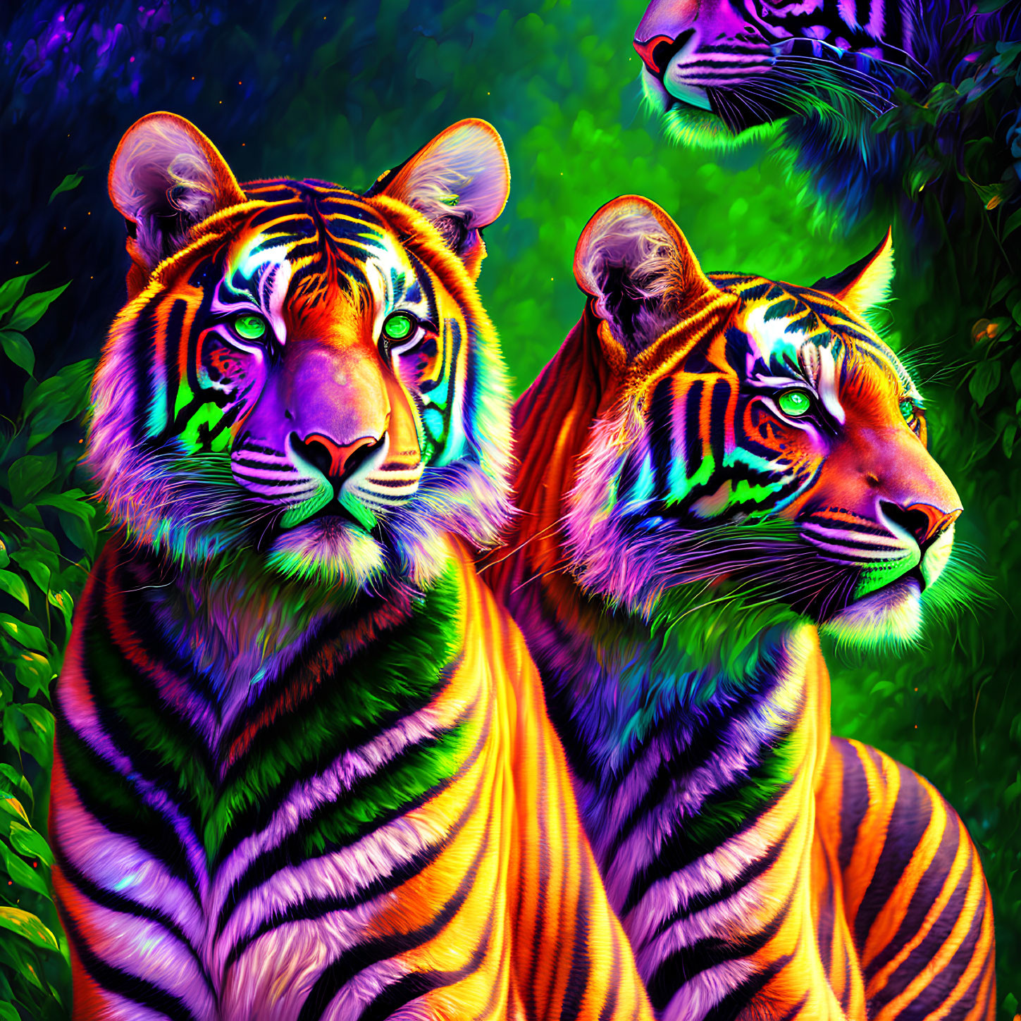 Colorful digital artwork: Two tigers in neon hues on tropical backdrop