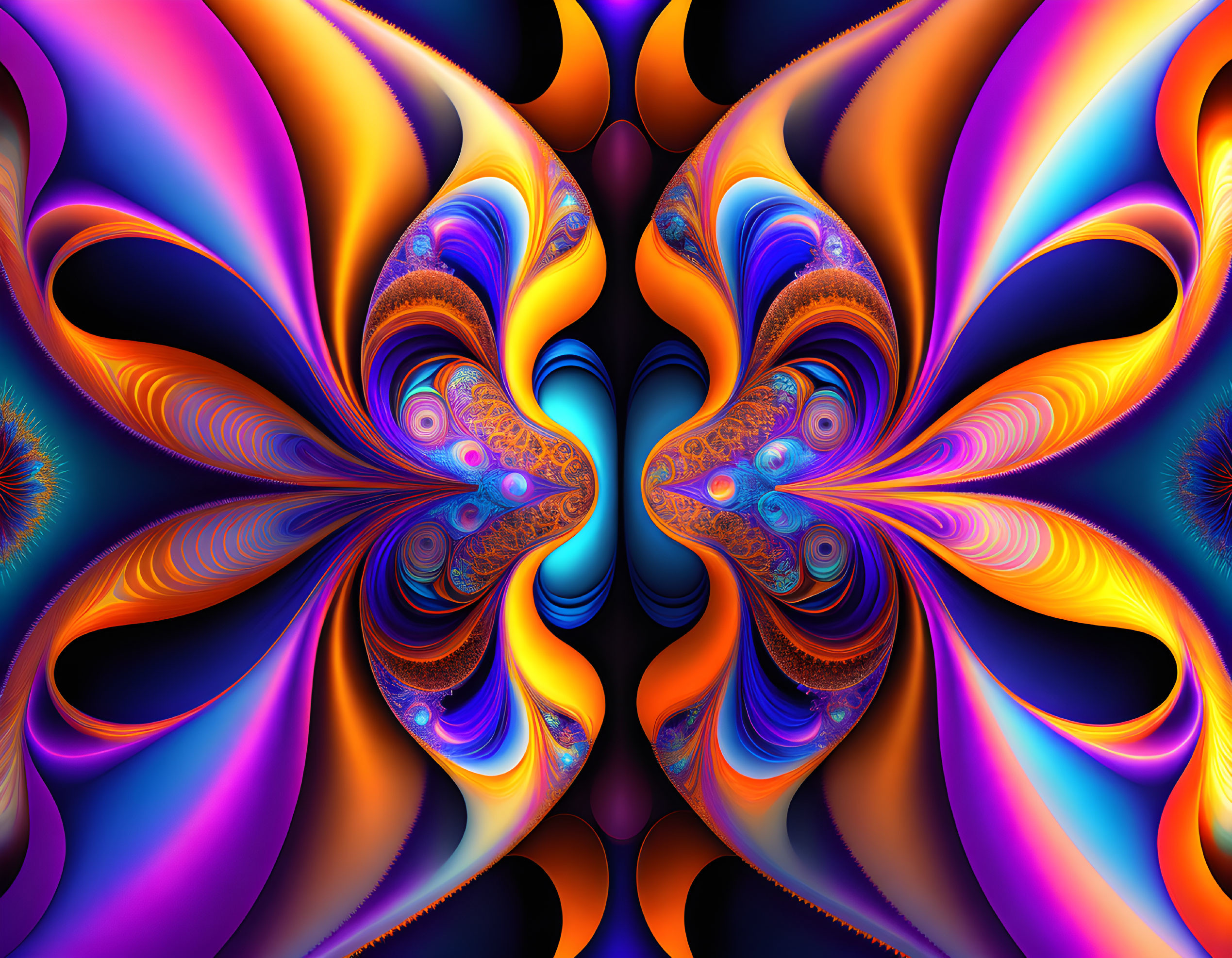 Symmetrical butterfly-like fractal art in vivid blue, orange, and purple