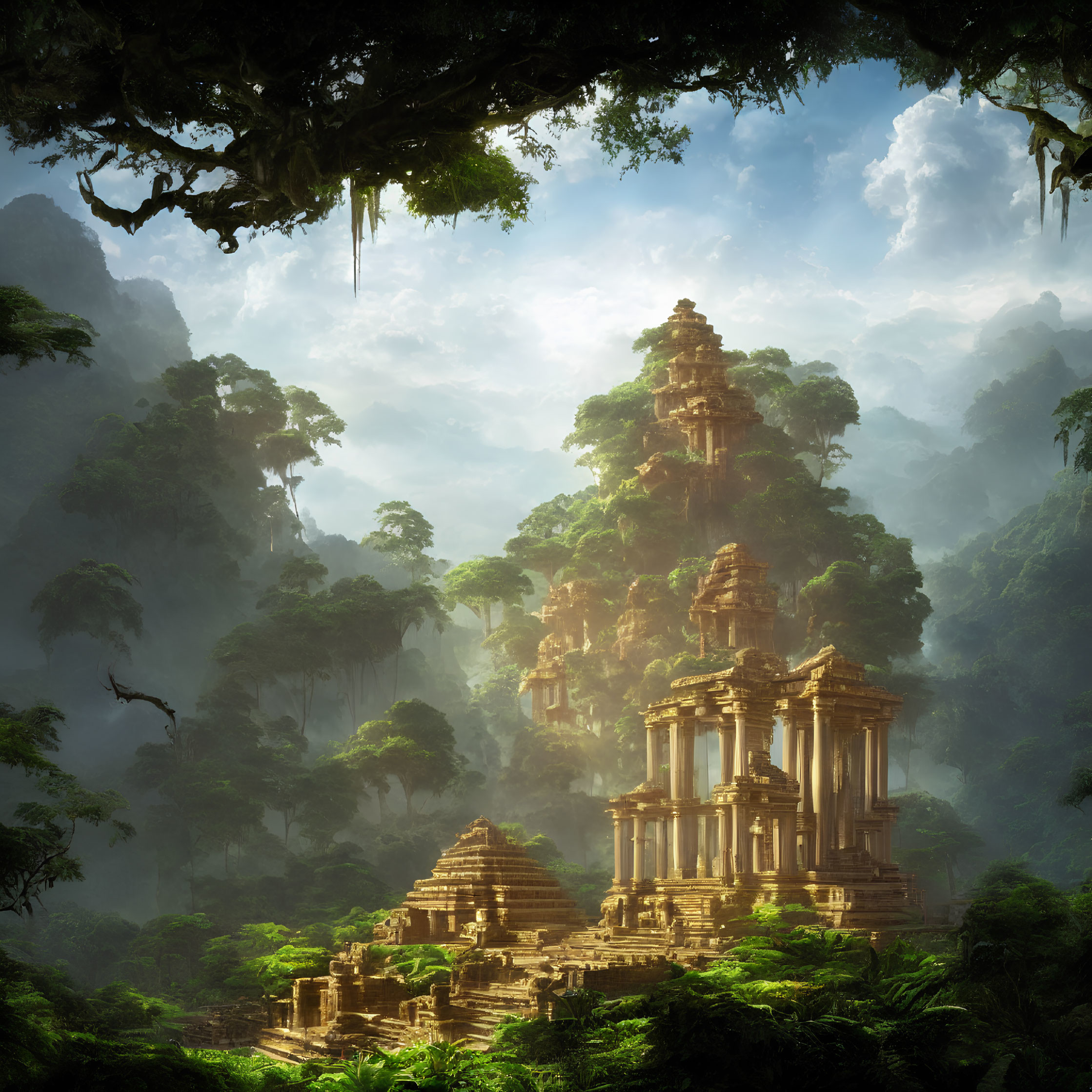 Intricate Ancient Temple in Misty Forest with Ethereal Light