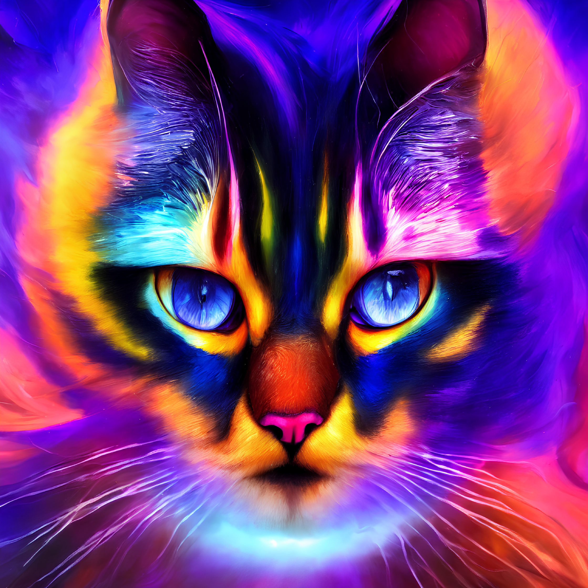 Colorful Digital Art: Cat's Face with Intense Blue Eyes