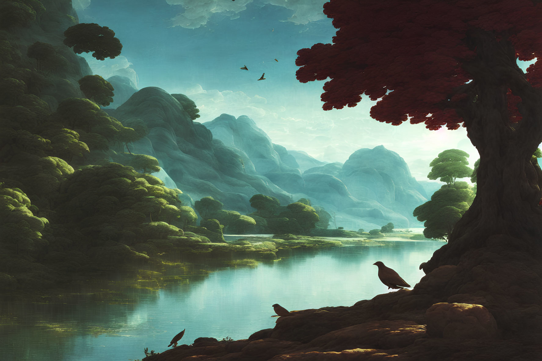 Tranquil landscape with red-leafed tree, reflective river, misty mountains, and birds