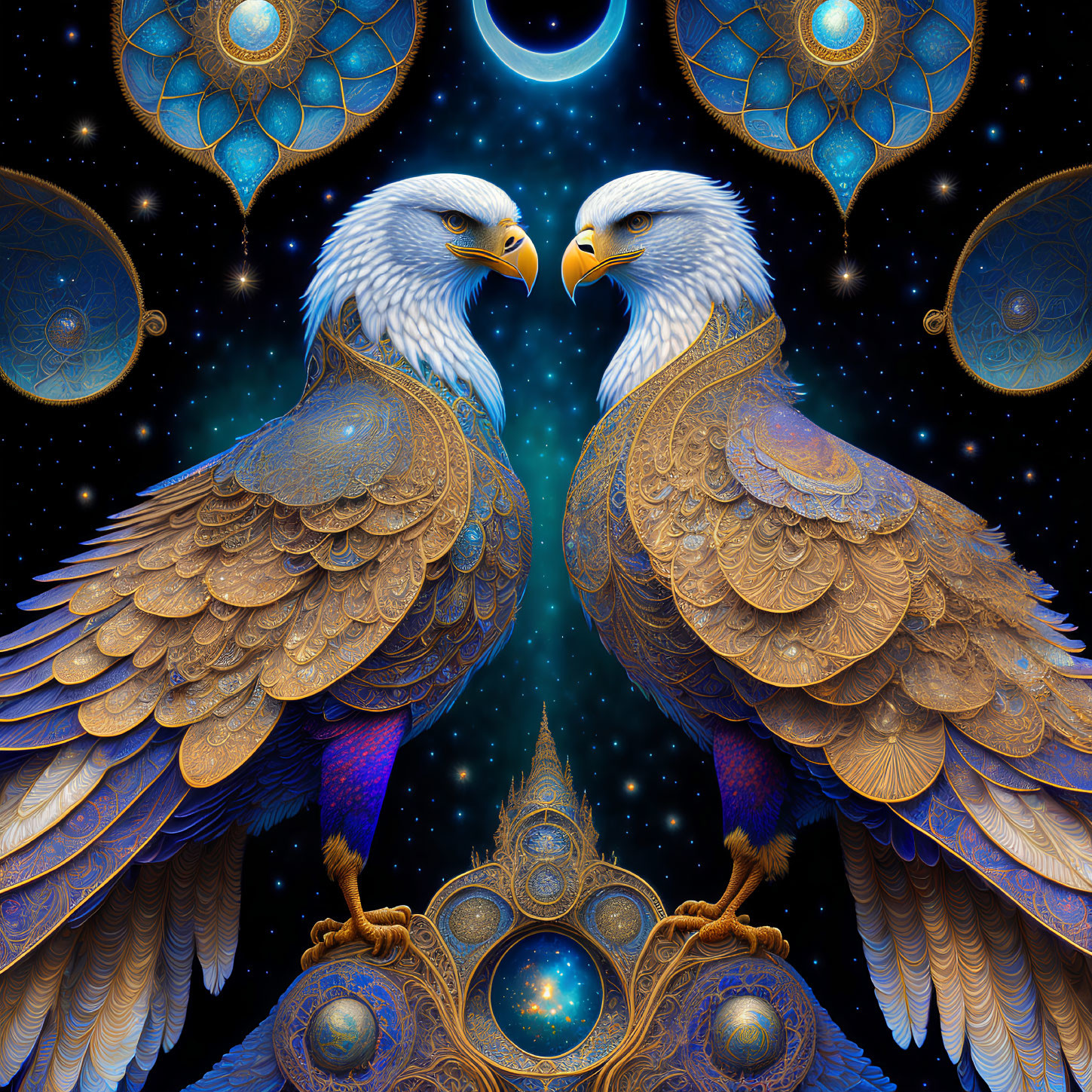 Ornately Patterned Eagles Facing Each Other in Cosmic Setting