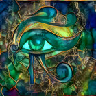 Detailed colorful digital art of mechanical eye design with reflected light