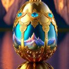 Golden Egg with Blue Gemstones Depicting Mountain Landscape at Twilight