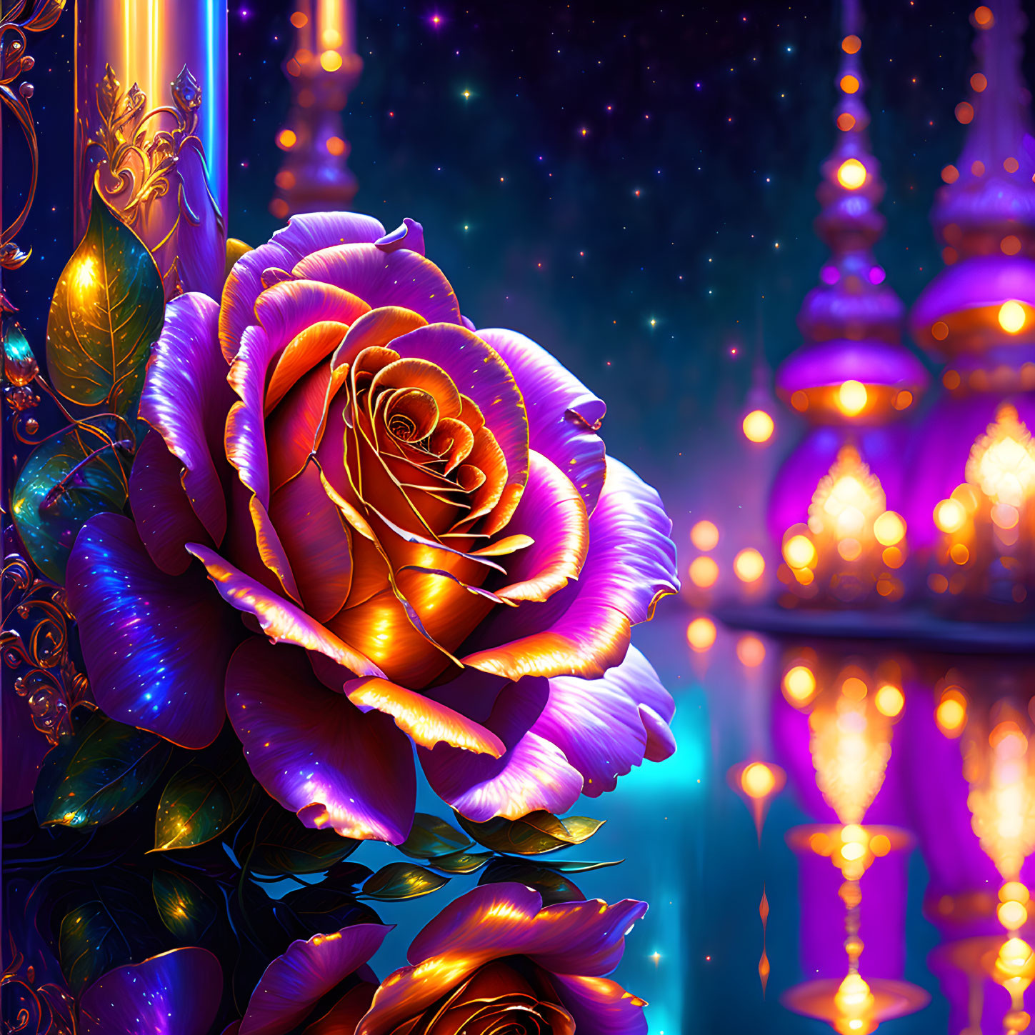 Colorful digital art: Multicolored rose on starlit sky and water with eastern architecture silhou