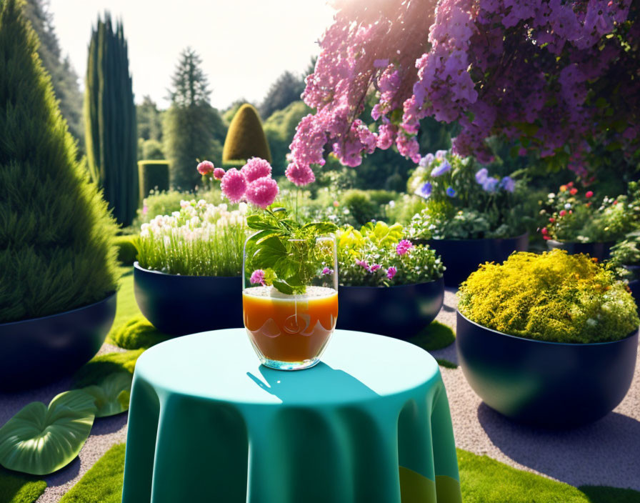 Mint Garnished Drink on Blue Table in Vibrant Garden