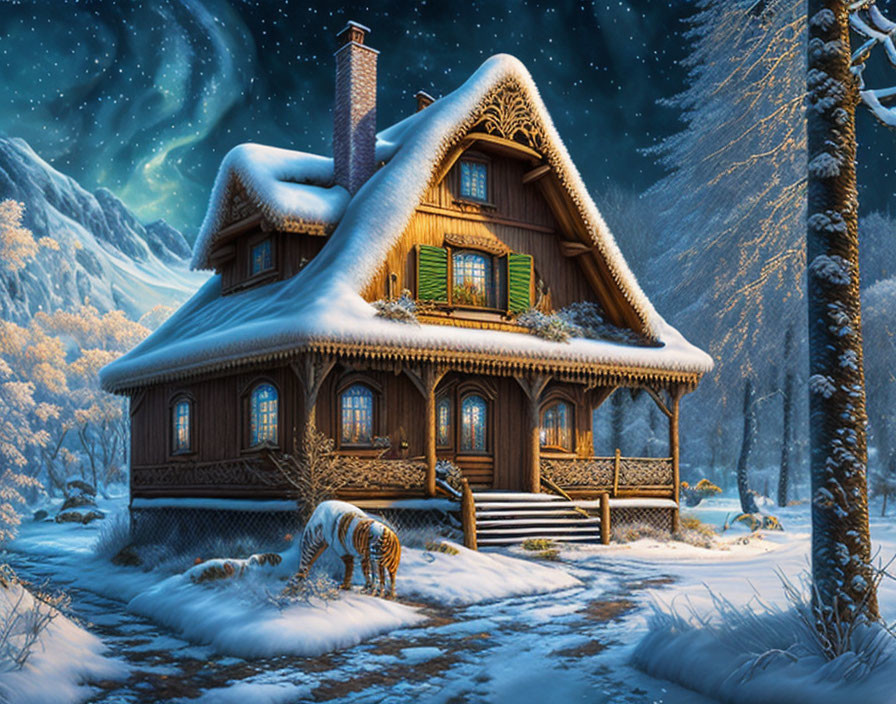 Snow-covered wooden house with lit chimney in serene winter landscape