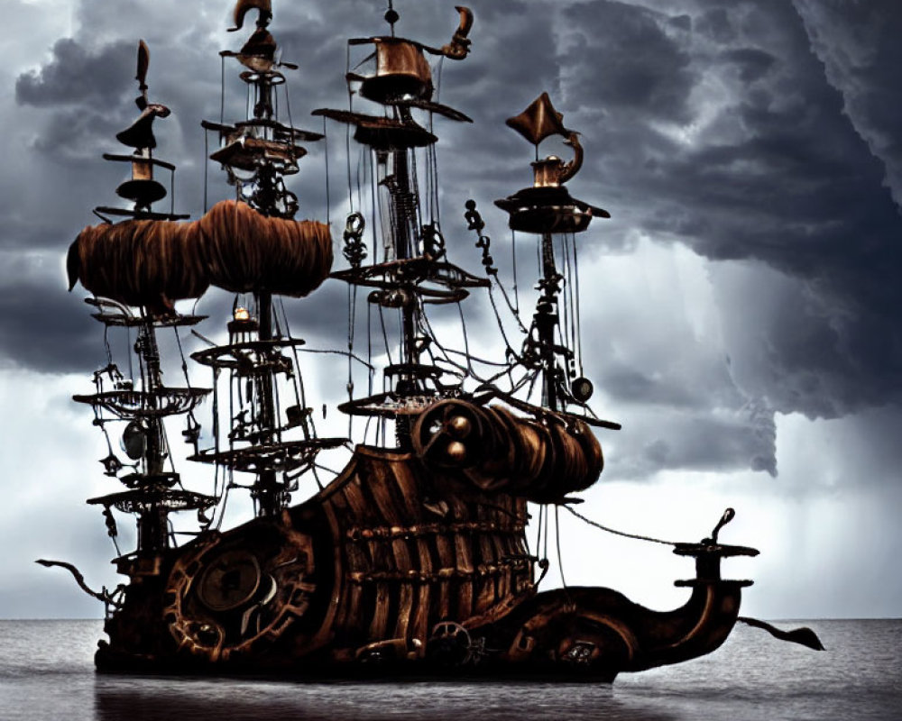 Steampunk-style ship with gears and steam pipes on stormy sea