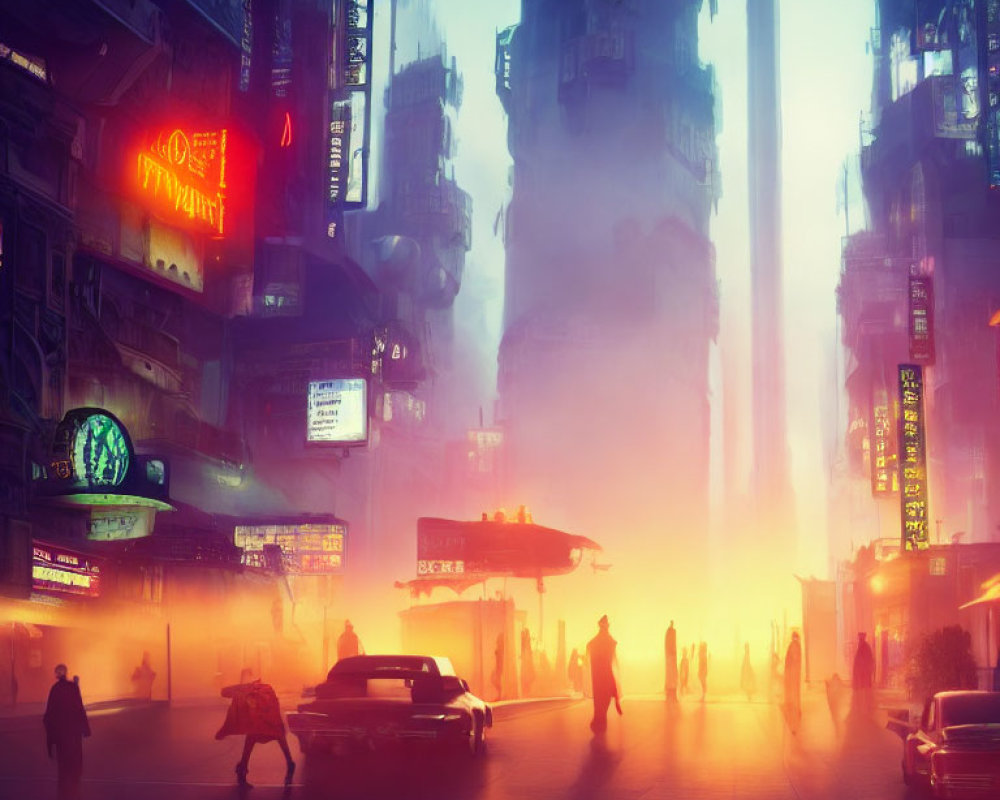 Futuristic neon-lit cityscape with mist, warm glow, and silhouettes.