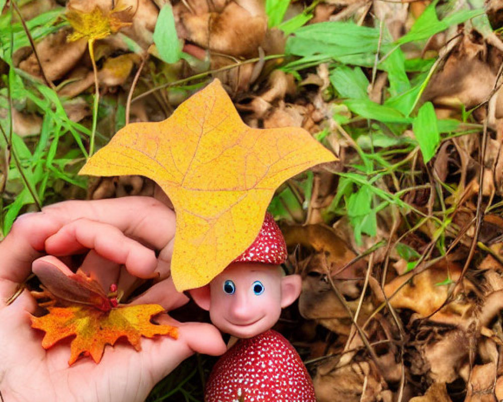 Hand holding red maple leaf over smiling toy elf on toadstool in nature