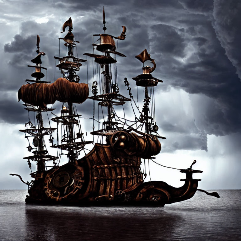 Steampunk-style ship with gears and steam pipes on stormy sea