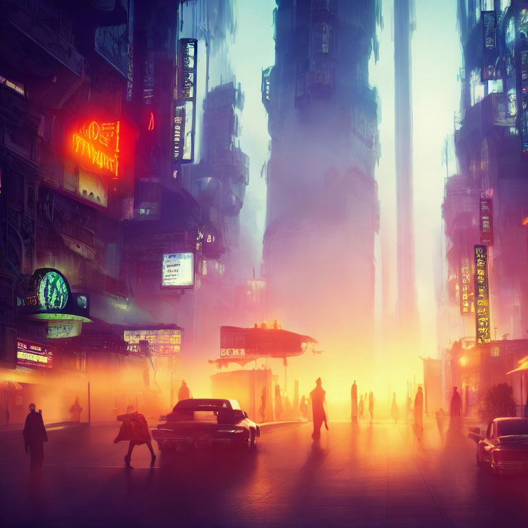 Futuristic neon-lit cityscape with mist, warm glow, and silhouettes.