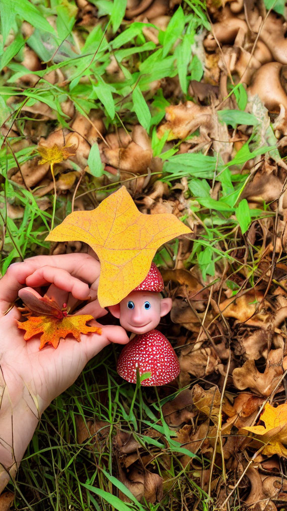 Hand holding red maple leaf over smiling toy elf on toadstool in nature