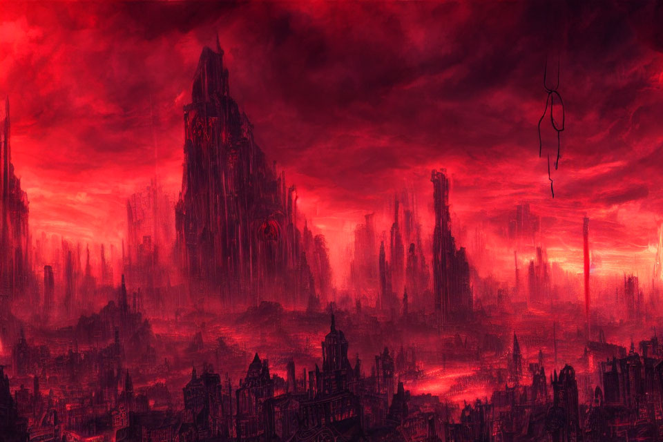 Dystopian landscape with dark structures under red sky