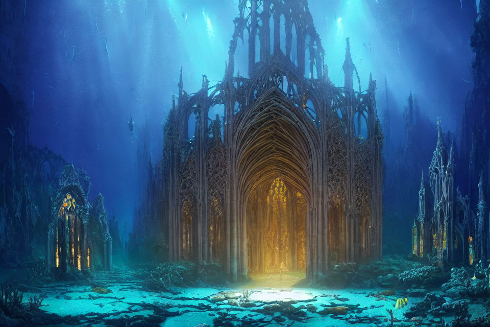 Gothic-style cathedral ruins in underwater scene with marine vegetation and skeletal remains