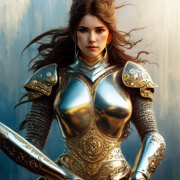 Medieval woman in ornate armor with sword and dark hair on blue background