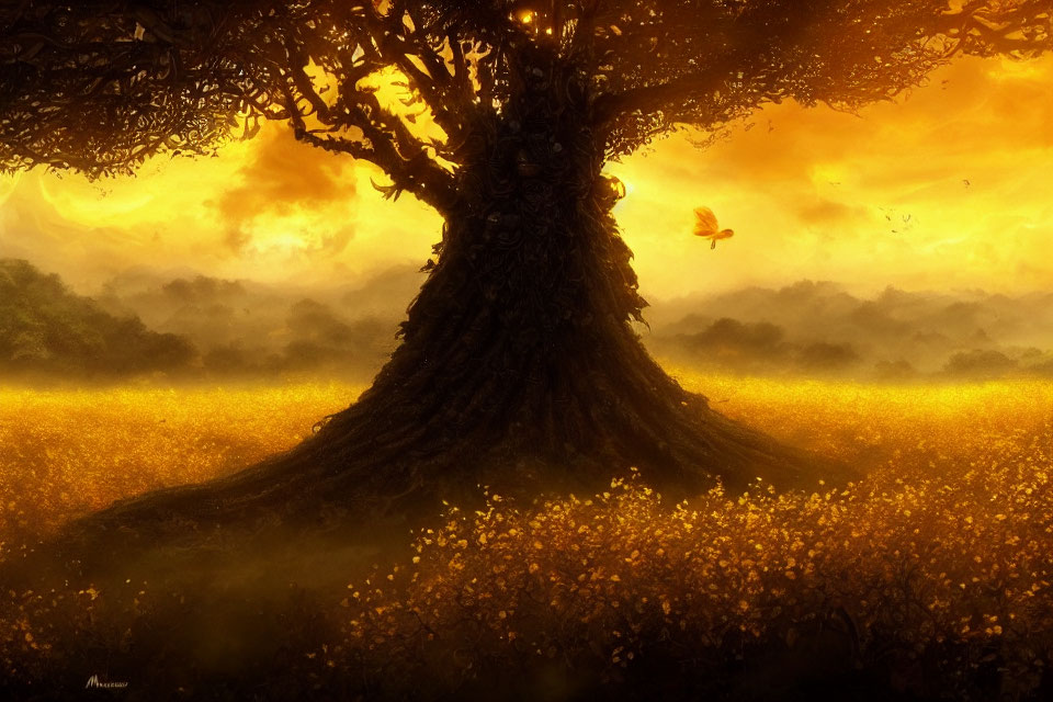 Majestic tree with expansive roots in field of yellow flowers under warm, golden sky with butterfly.