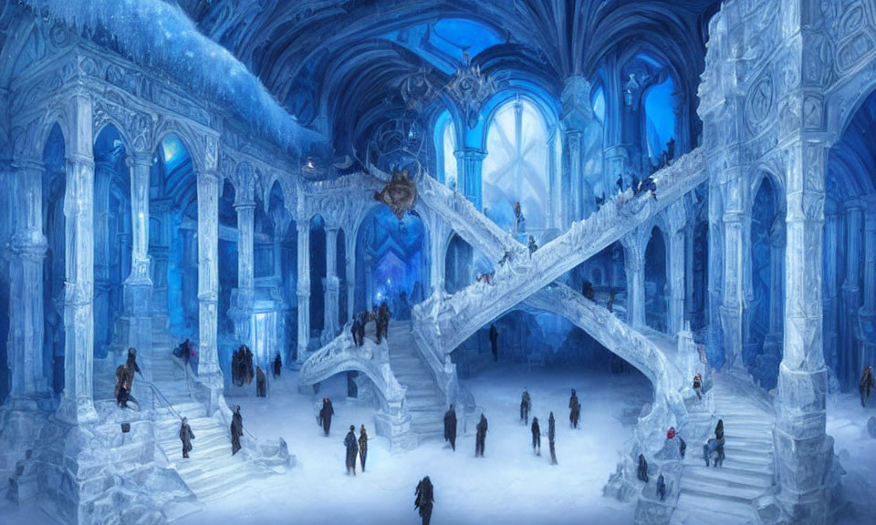 Luxurious multi-level ice palace interior with grand staircases and soft blue lighting