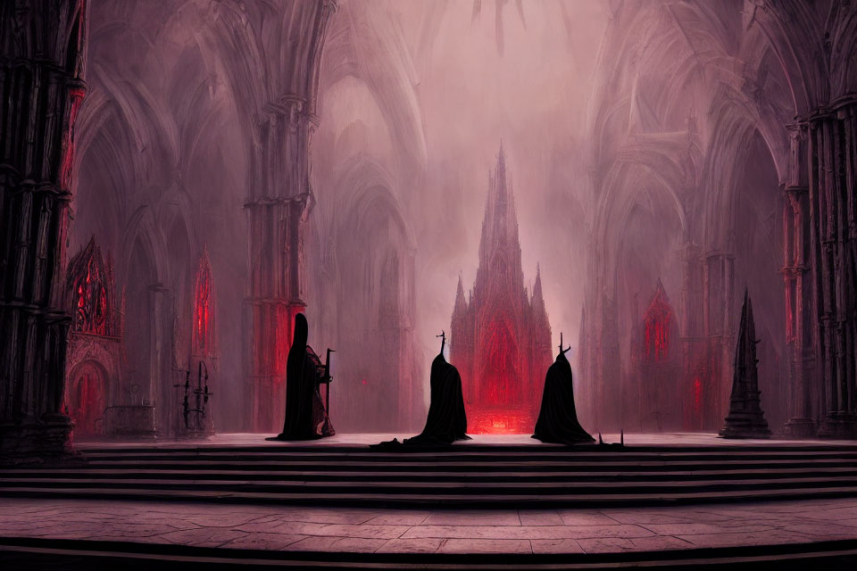 Robed Figures Kneeling in Gothic Cathedral