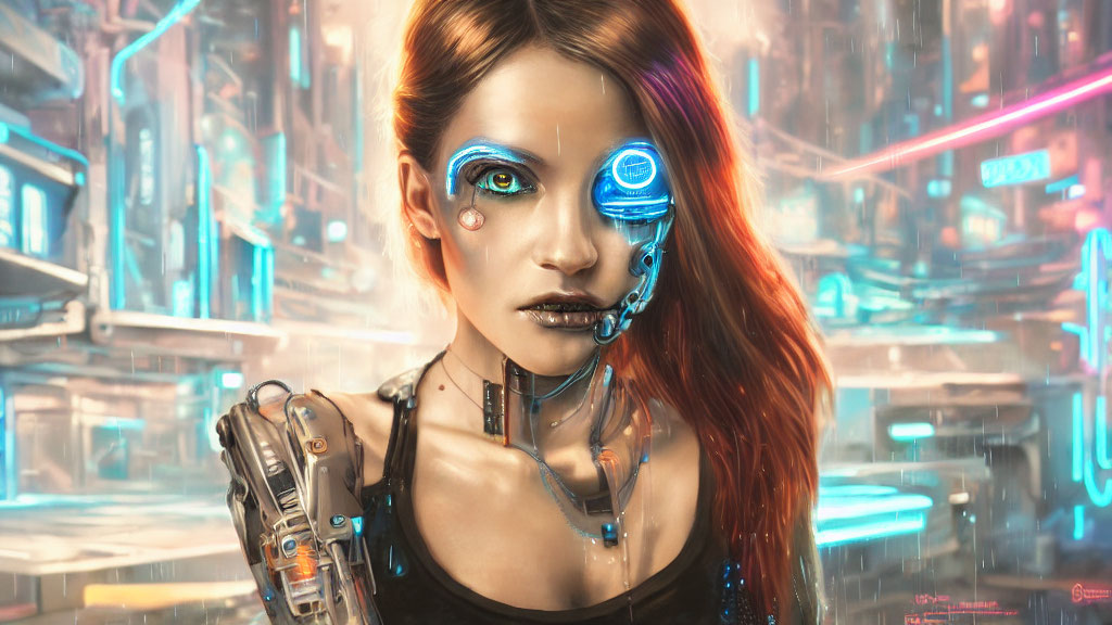 Cybernetic Woman with Mechanical Arm in Futuristic Cityscape