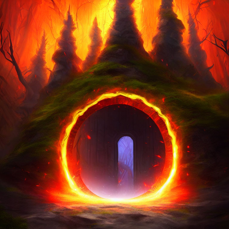 Glowing portal in hill with red forest and moss-covered trees