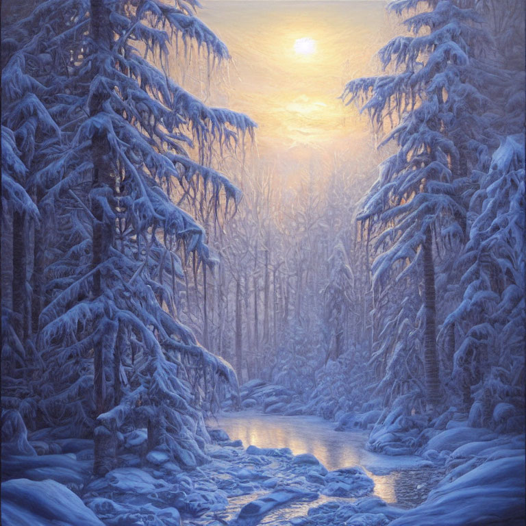 Snow-covered trees by serene river at sunrise or sunset