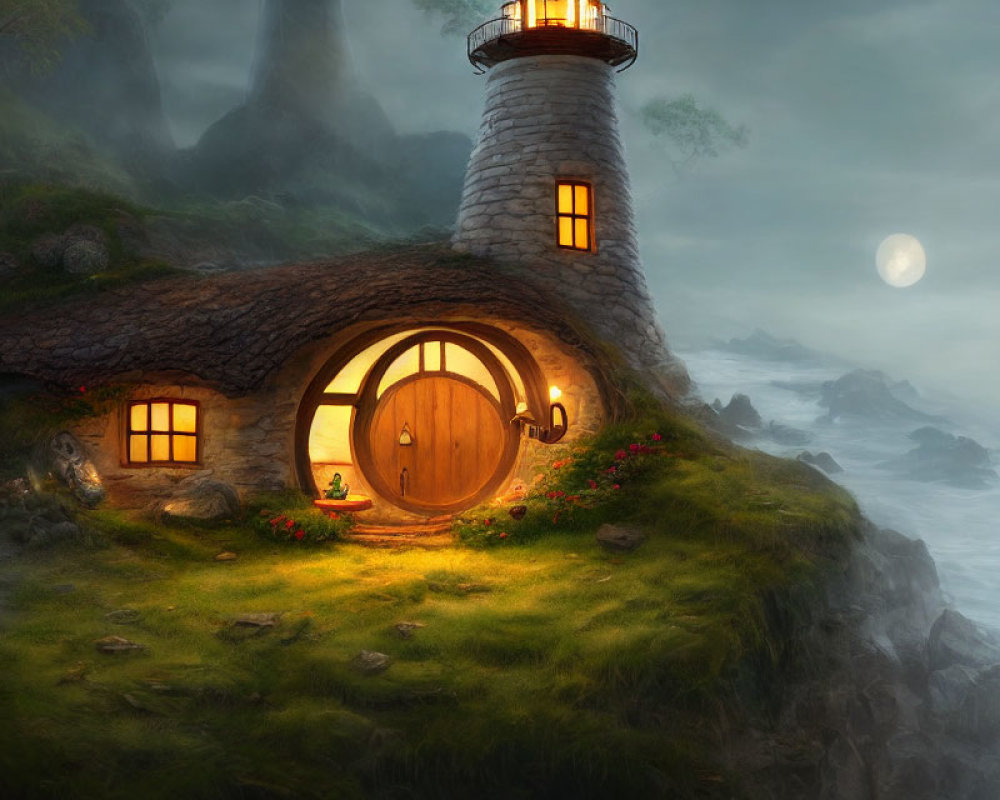 Fantasy cottage with lighthouse, round door, cliff, misty sea, moon.