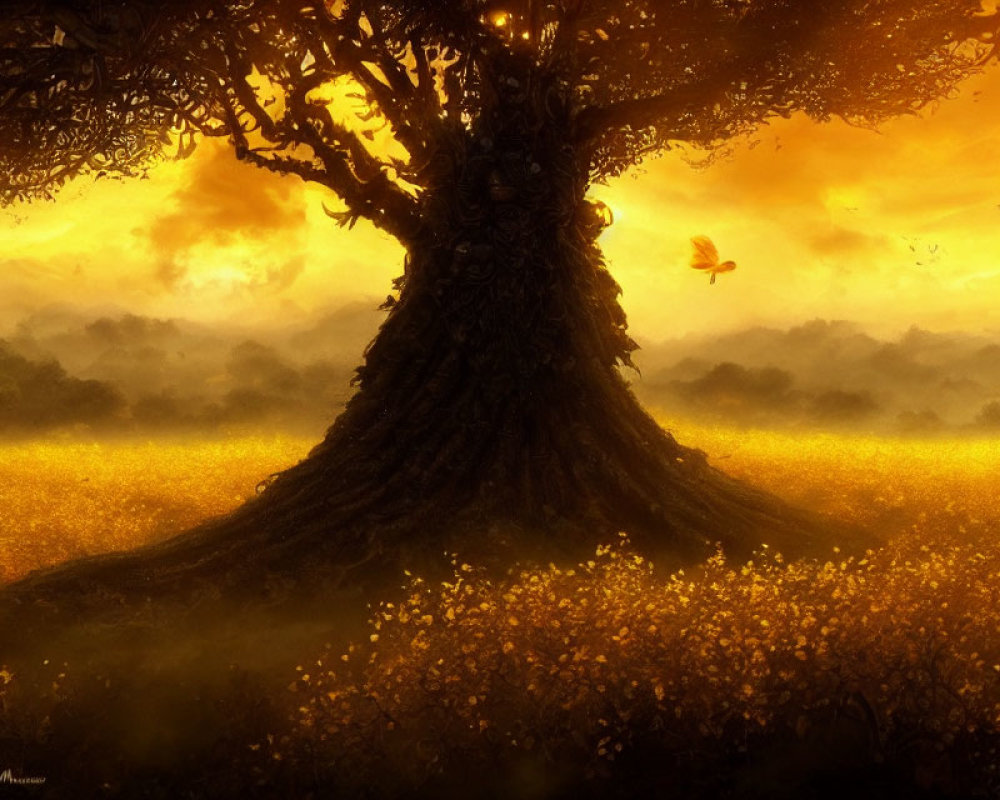 Majestic tree with expansive roots in field of yellow flowers under warm, golden sky with butterfly.