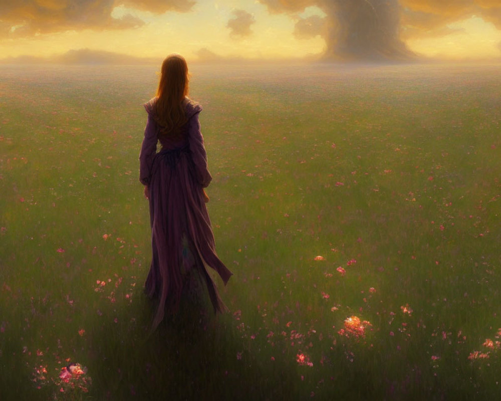 Woman in Purple Dress in Blooming Meadow at Sunset