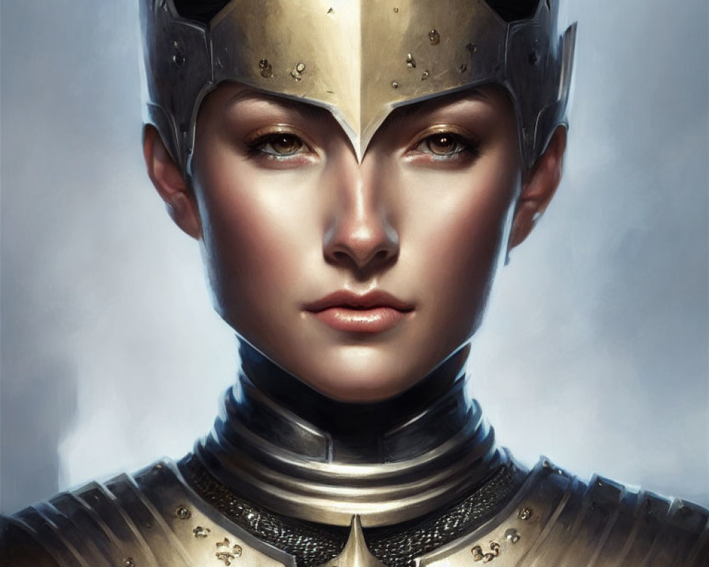 Detailed Close-Up of Woman in Medieval Armor with Golden Helmet