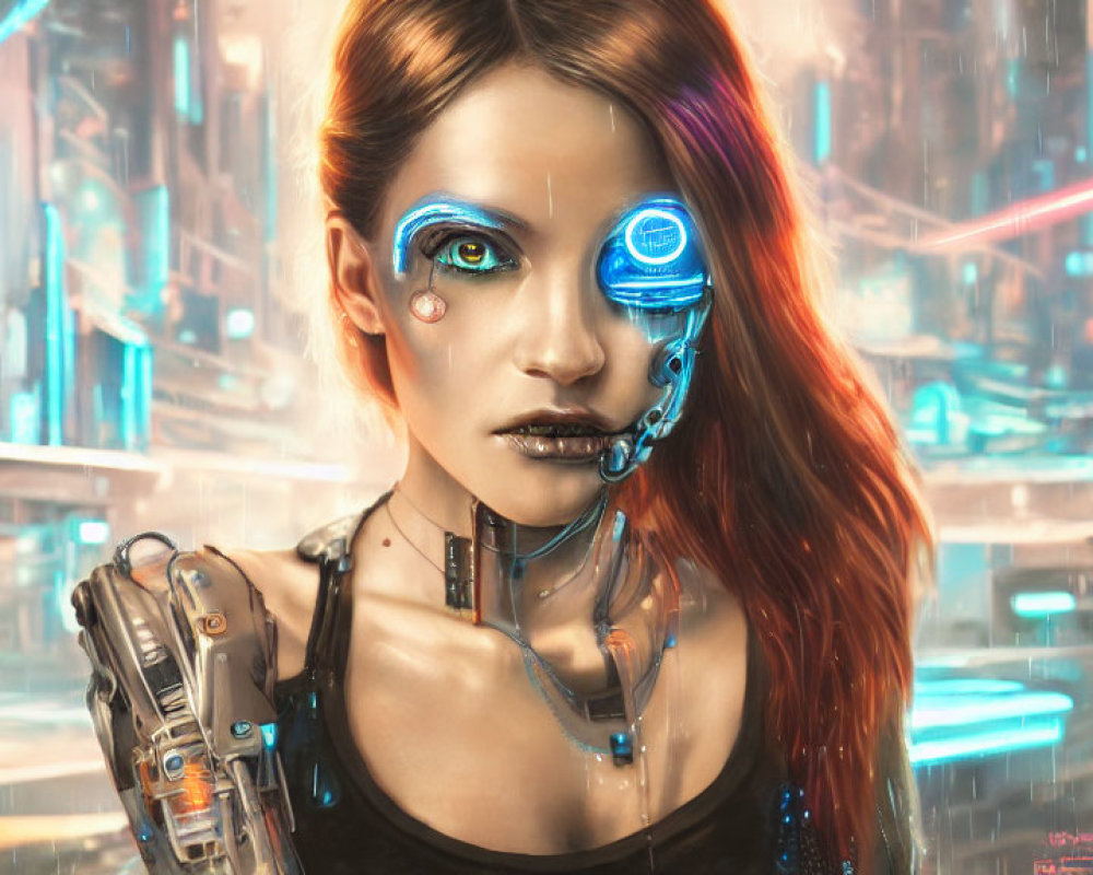 Cybernetic Woman with Mechanical Arm in Futuristic Cityscape