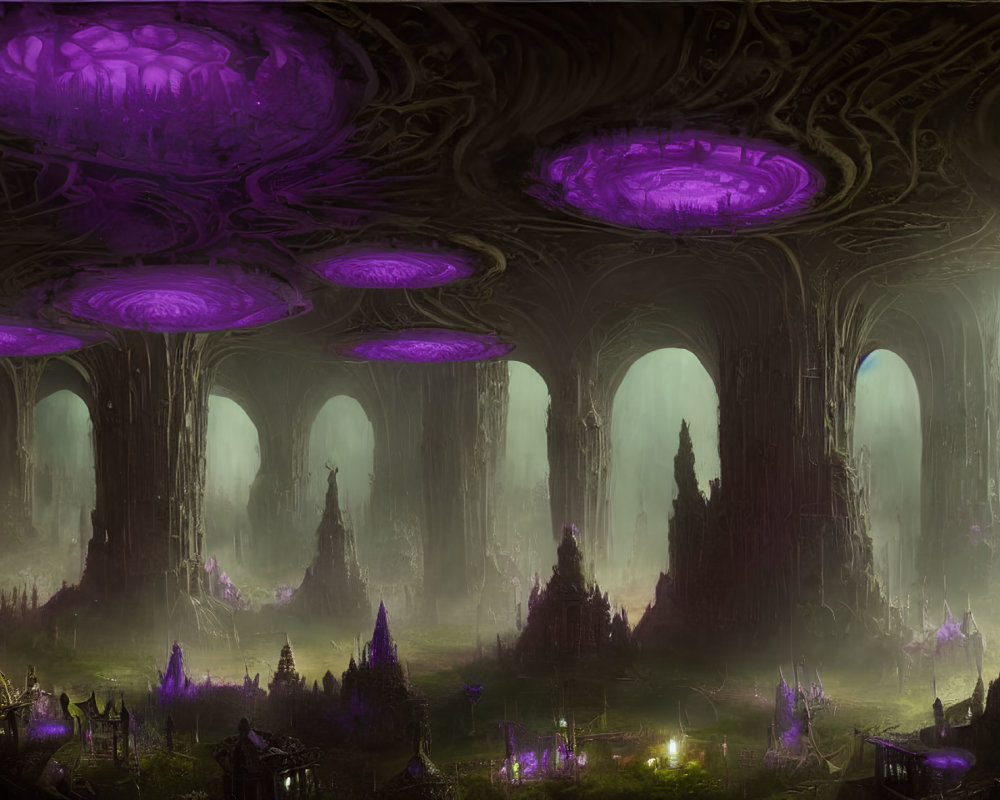 Ethereal fantasy landscape with bioluminescent mushrooms in mystical forest