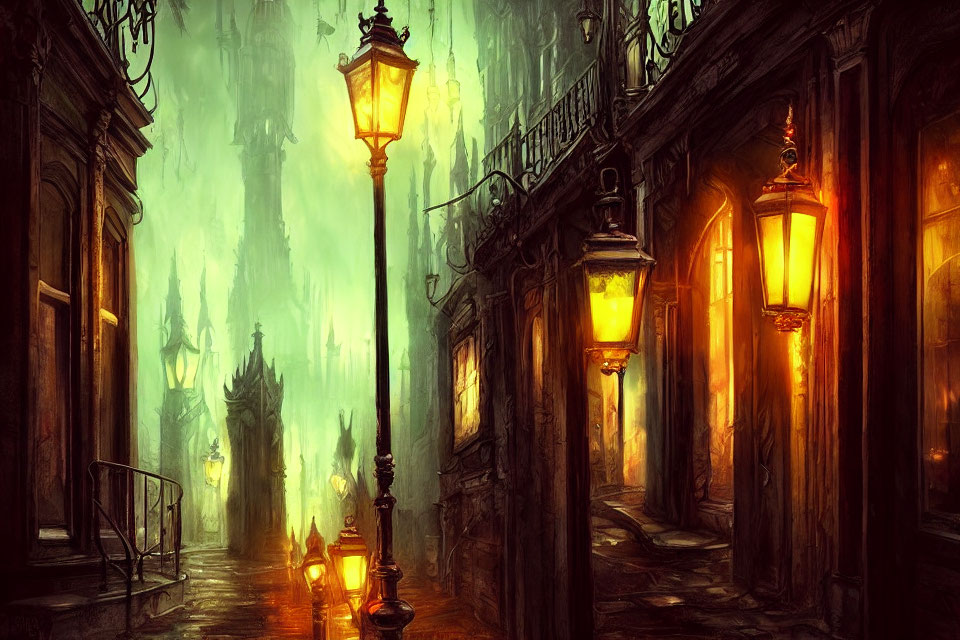 Gothic cityscape at night with glowing lanterns and foggy streets