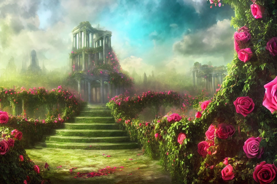 Lush Garden with Pink Roses, Stone Steps, and Classical Ruins