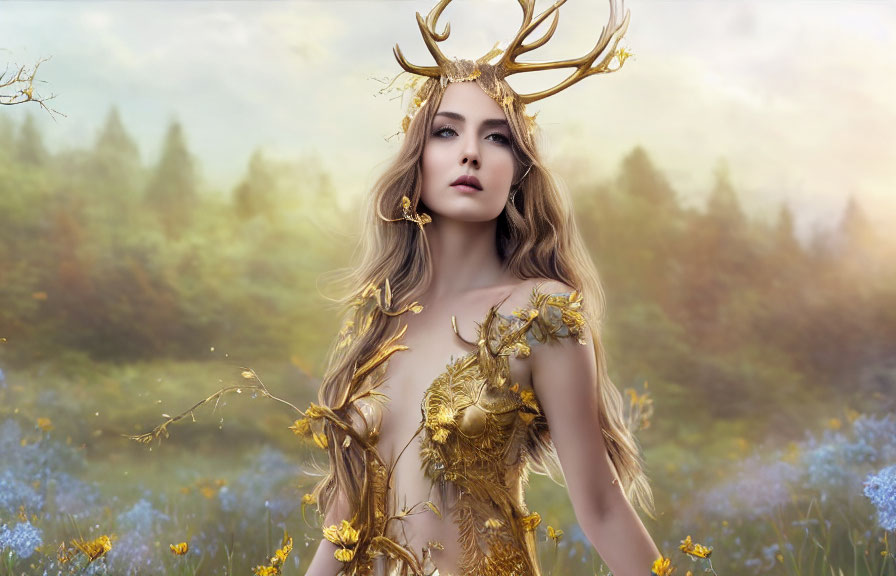 Elaborate golden antler headdress on woman in mystical forest glade