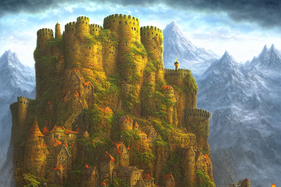 Fantasy castle with multiple towers on hill amidst houses, greenery, and snowy mountains