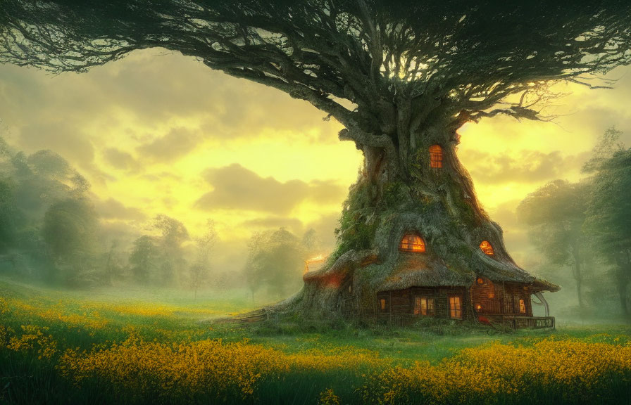 Magical treehouse with glowing windows in ancient tree at sunset