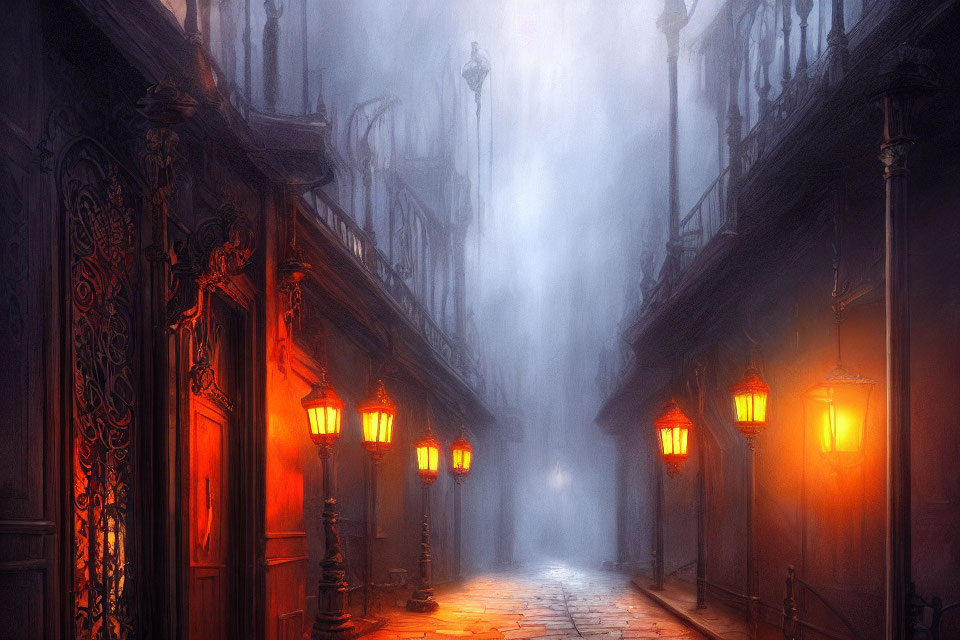 Misty cobblestone street at dusk with glowing street lamps and ornate building facade.