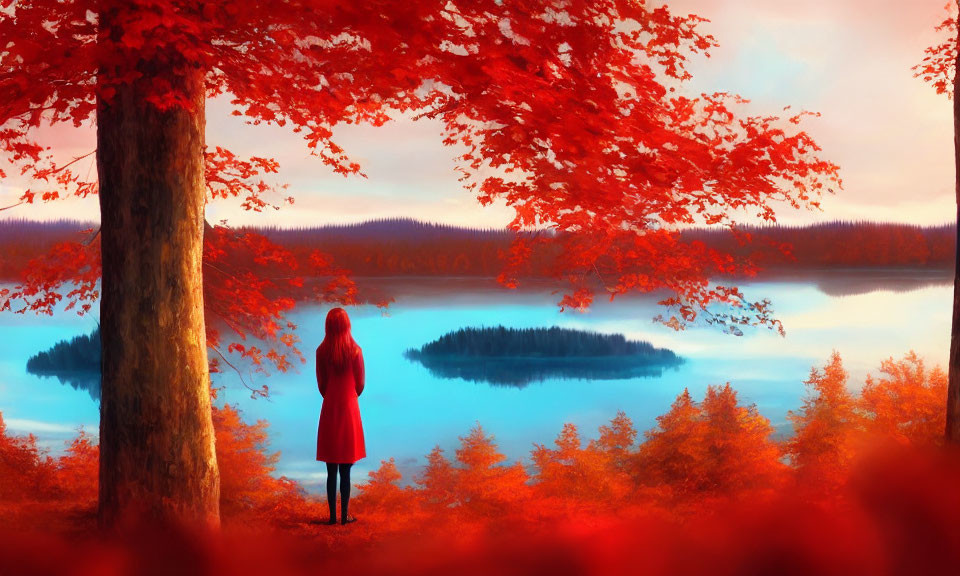 Person in red dress under autumn tree by tranquil lake