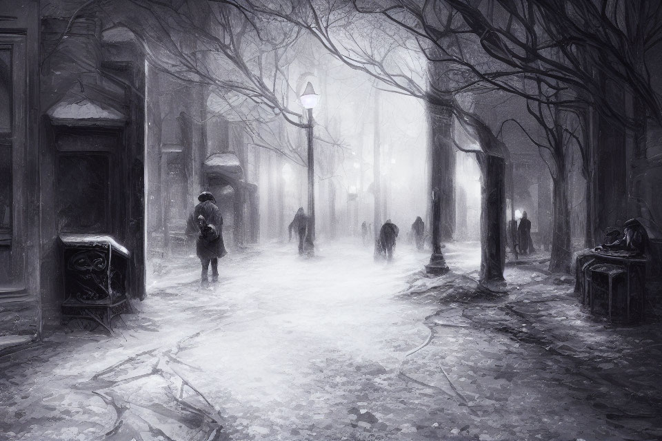 Monochrome winter street scene with mist, snow, pedestrians, and vintage lampposts