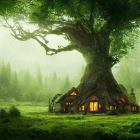 Magical treehouse with glowing windows in ancient tree at sunset