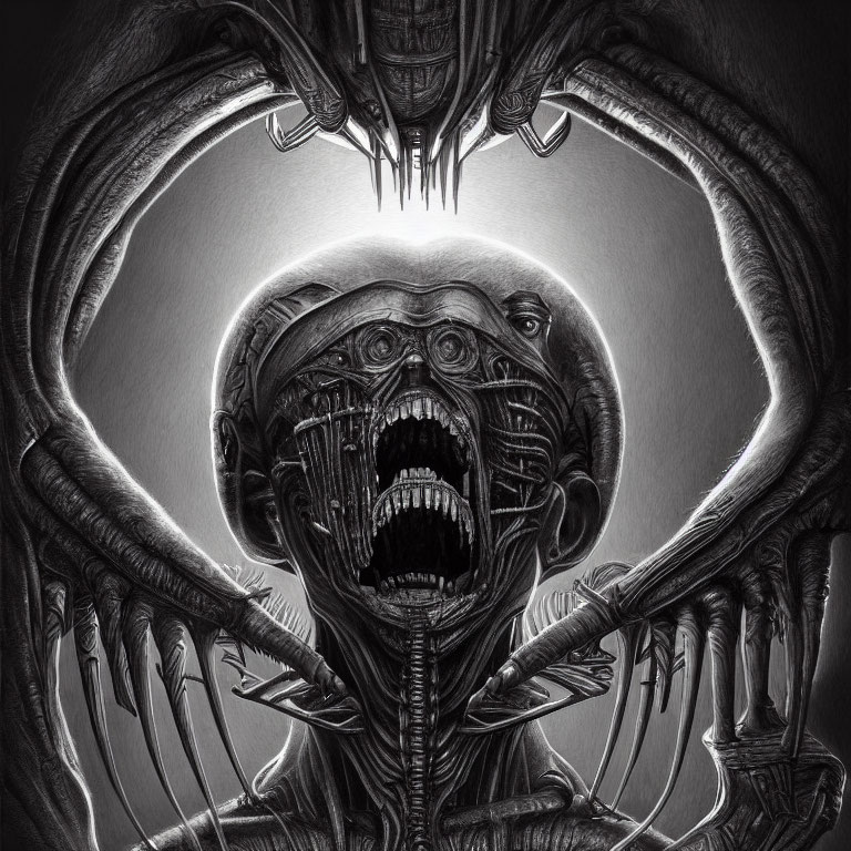 Monochromatic artwork of horrific creature with open mouth and multiple arms surrounding glowing orb