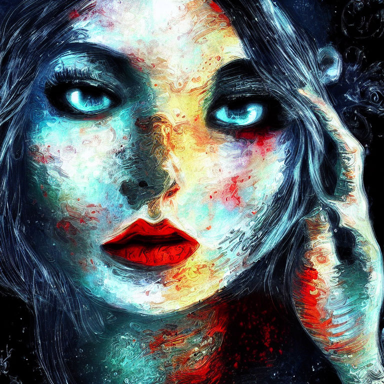 Vibrant digital portrait of a woman with blue eyes and red lips