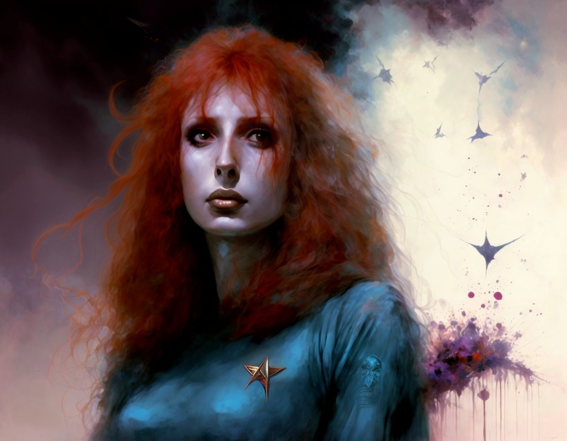 Vibrant red-haired woman in blue top against cosmic backdrop