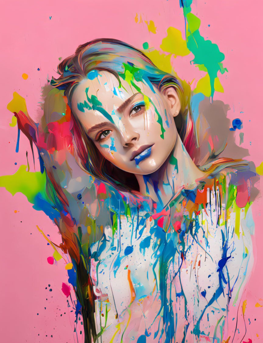 Colorful Paint Splattered Portrait on Pink Background